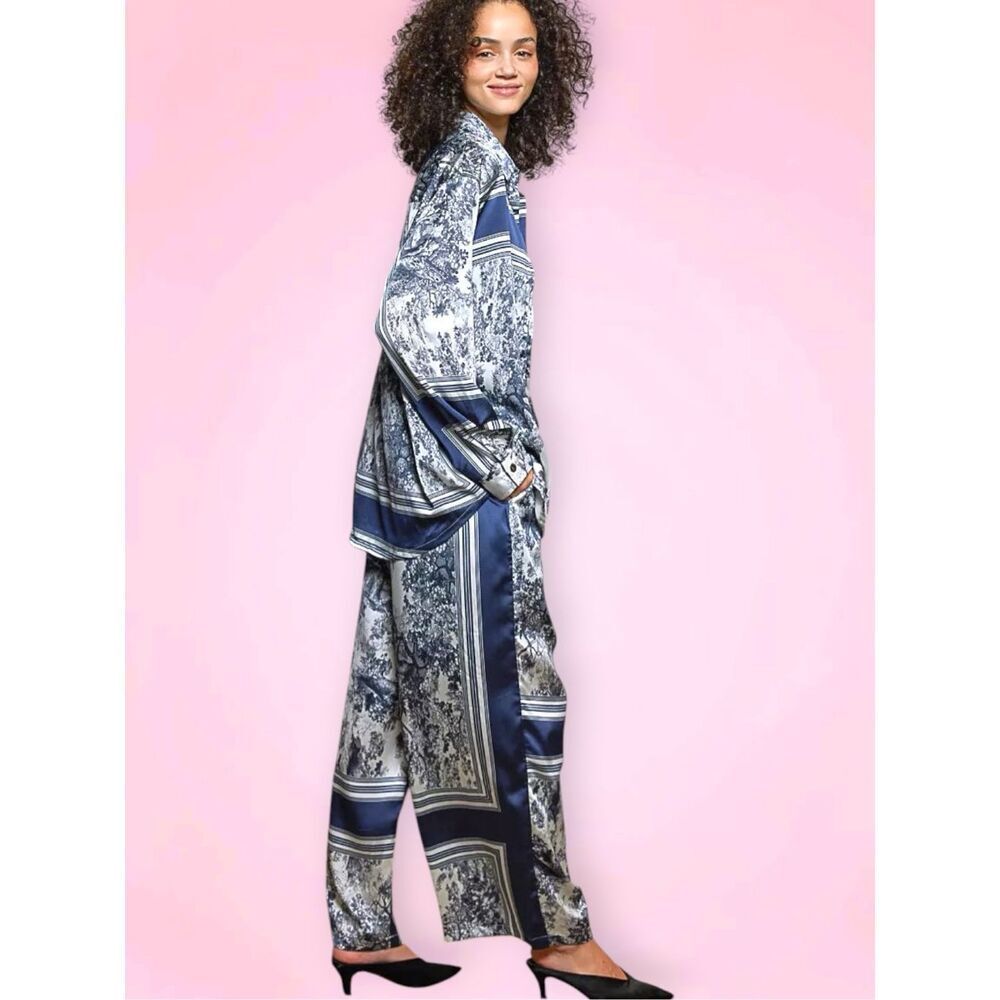 POL Wide Leg Toile Print Pants Navy Ivory Boho Drawstring Palazzo Pants Large - Picture 7 of 9